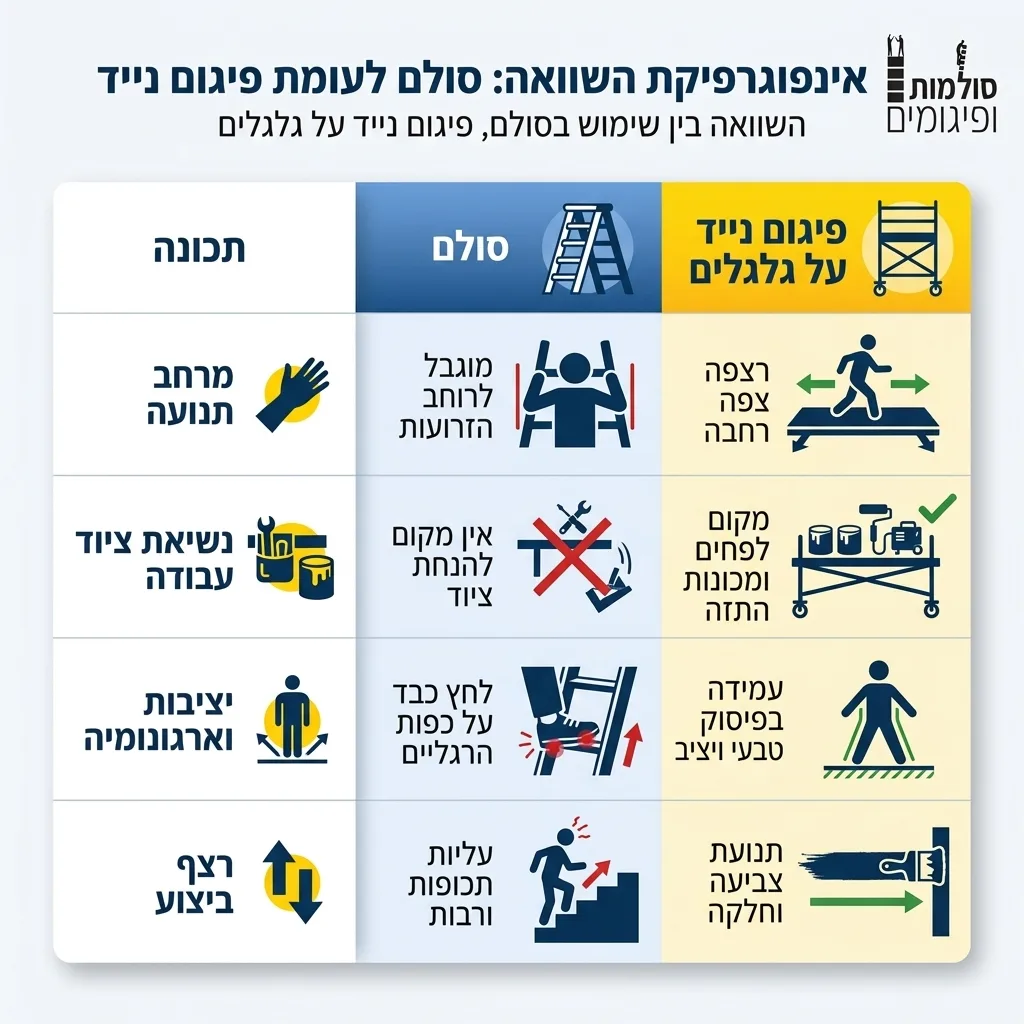 אינפוגרפיקה — סולם לעומת פיגום נייד: השוואה בין שימוש בסולם, פיגום נייד על גלגלים