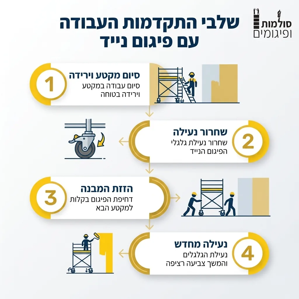 אינפוגרפיקה — שלבי התקדמות העבודה עם פיגום נייד: סיום מקטע וירידה, שחרור נעילה, הזזת המבנה, נעילה מחדש