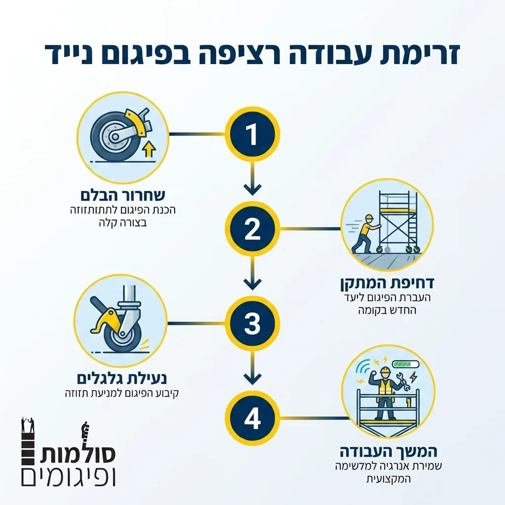 אינפוגרפיקה — זרימת עבודה רציפה בפיגום נייד: שחרור הבלם, דחיפת המתקן, נעילת גלגלים, המשך העבודה