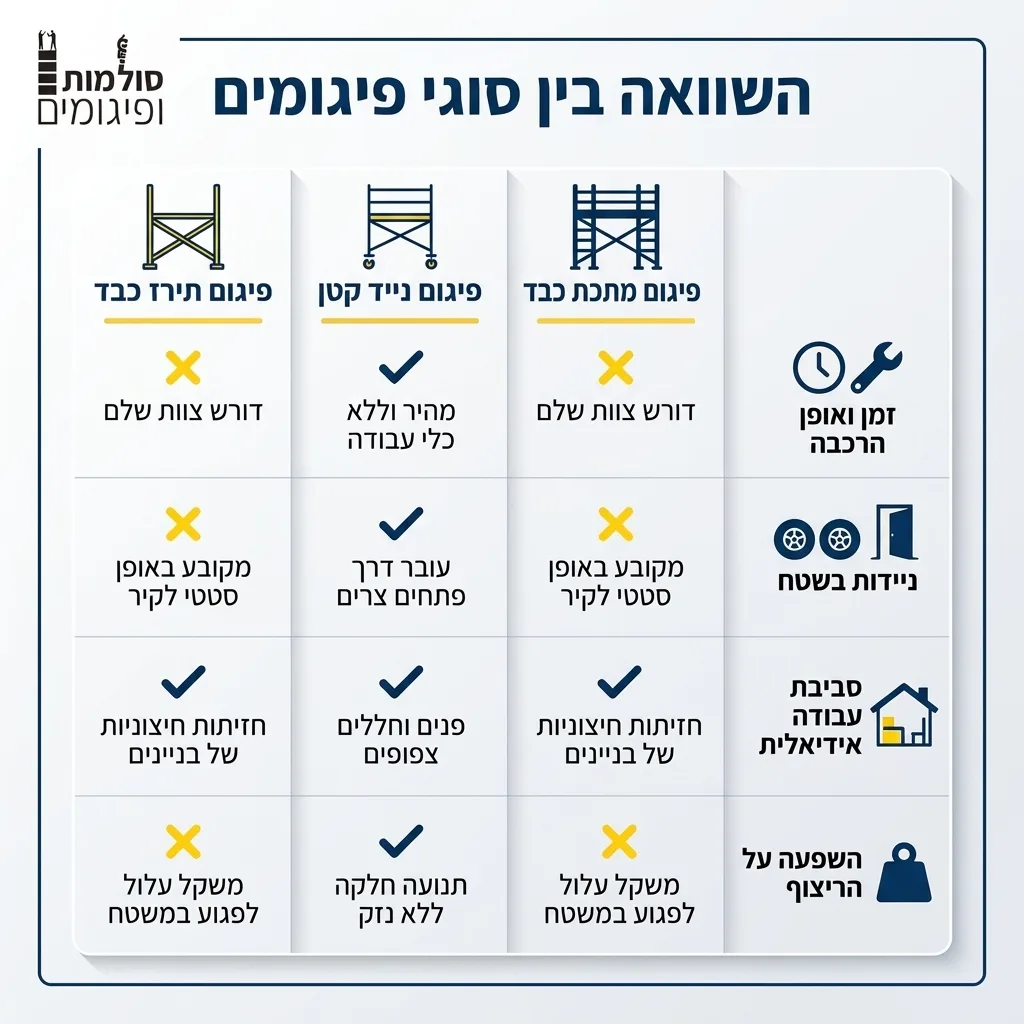 אינפוגרפיקה — השוואה בין סוגי פיגומים: השוואה בין פיגום נייד קטן, פיגום מתכת כבד