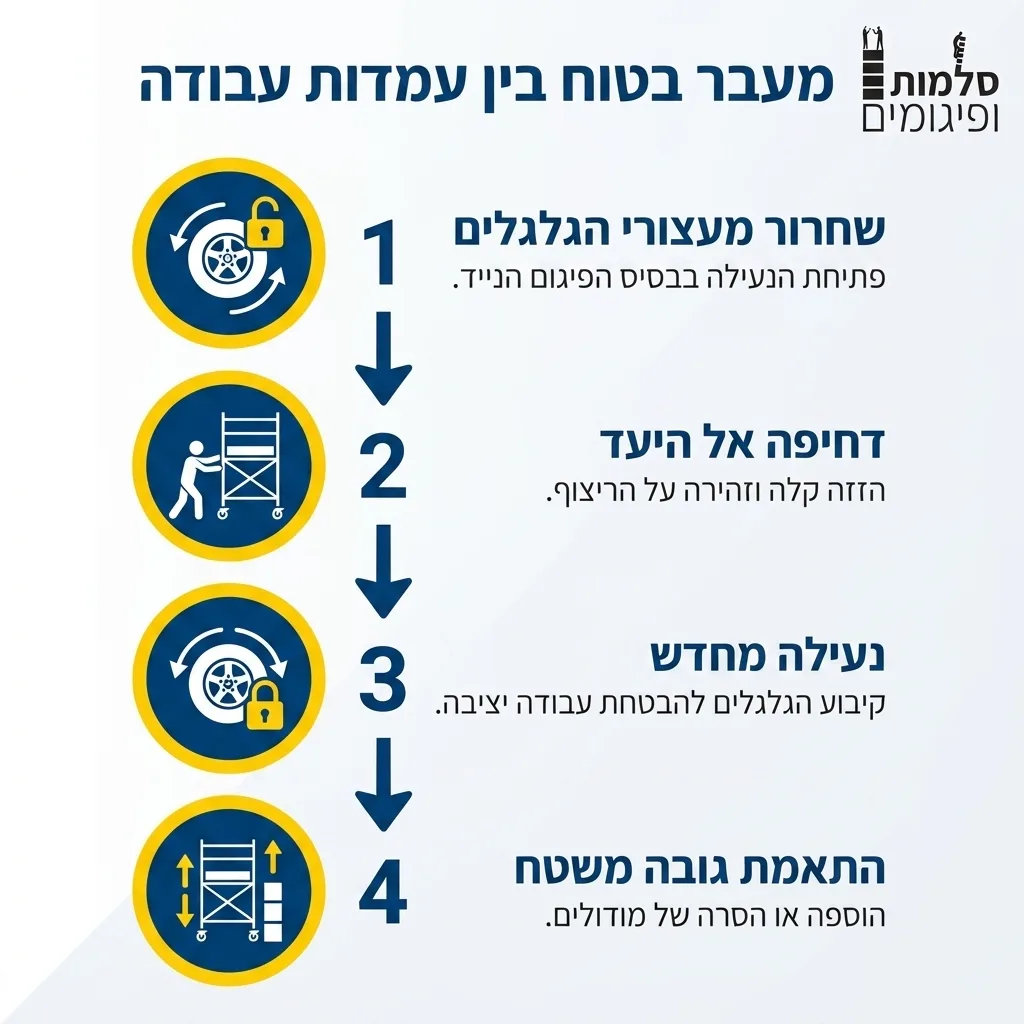 אינפוגרפיקה — מעבר בטוח בין עמדות עבודה: שחרור מעצורי הגלגלים, דחיפה אל היעד, נעילה מחדש, התאמת גובה משטח