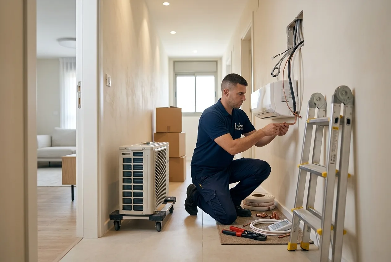 מתקין מזגנים מבצע עבודת תשתית במסדרון צר בעזרת מתקן קומפקטי העובר בדלת