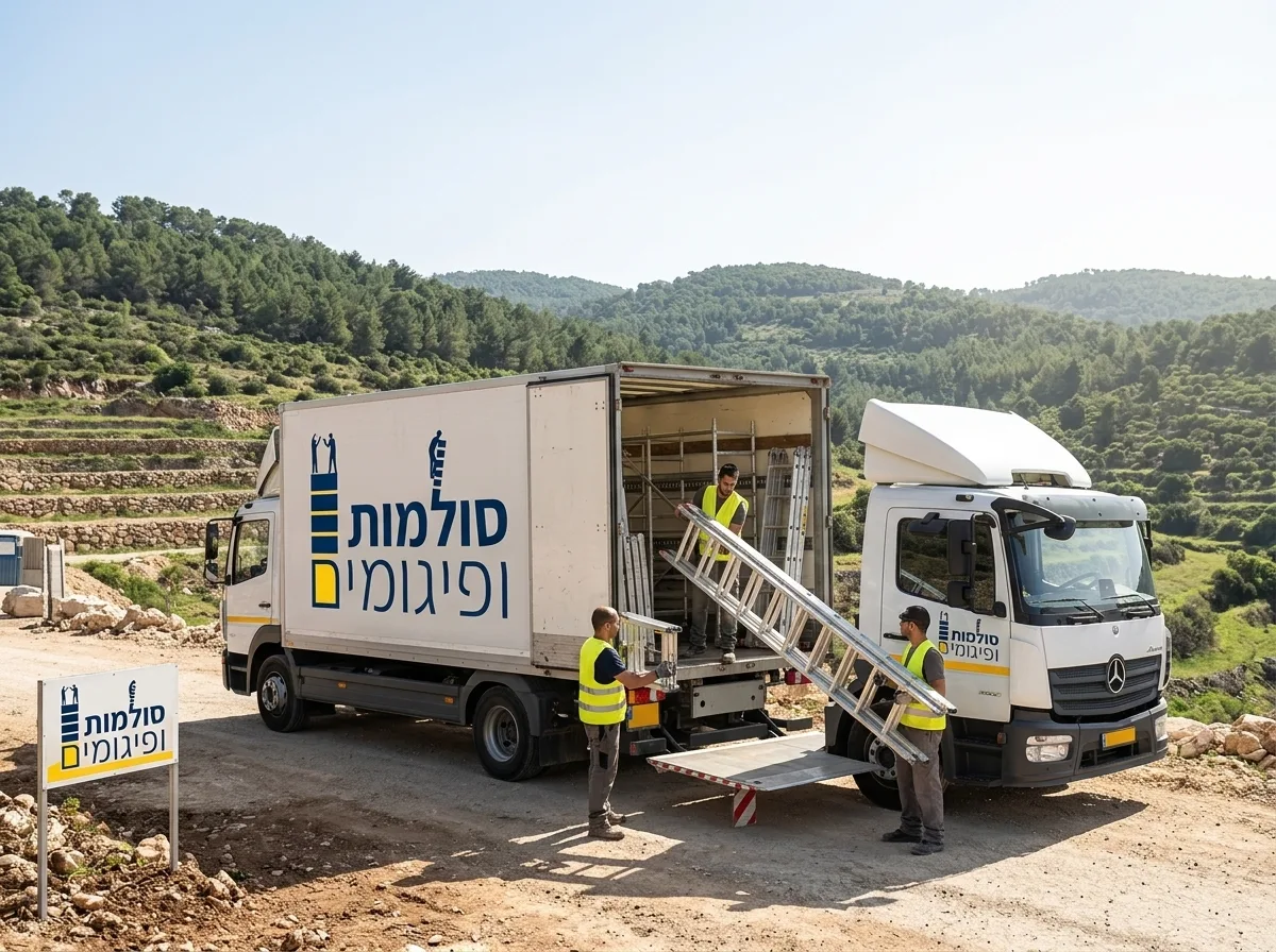 צילום ריאליסטי של משאית חלוקה פורקת ציוד בנייה מאלומיניום באתר בנייה הררי בגליל, תאורת יום טבעית, נוף ירוק ברקע, פוקוס על המשאית והפועלים