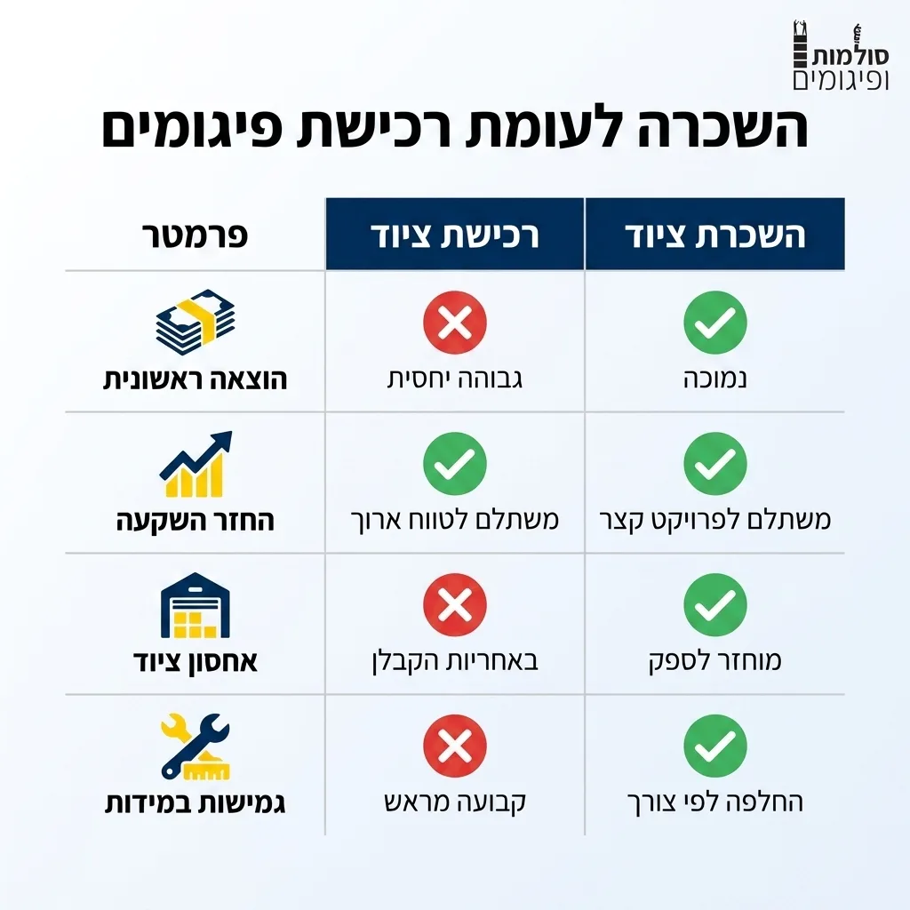 אינפוגרפיקה — השכרה לעומת רכישת פיגומים: השוואה בין רכישת ציוד, השכרת ציוד
