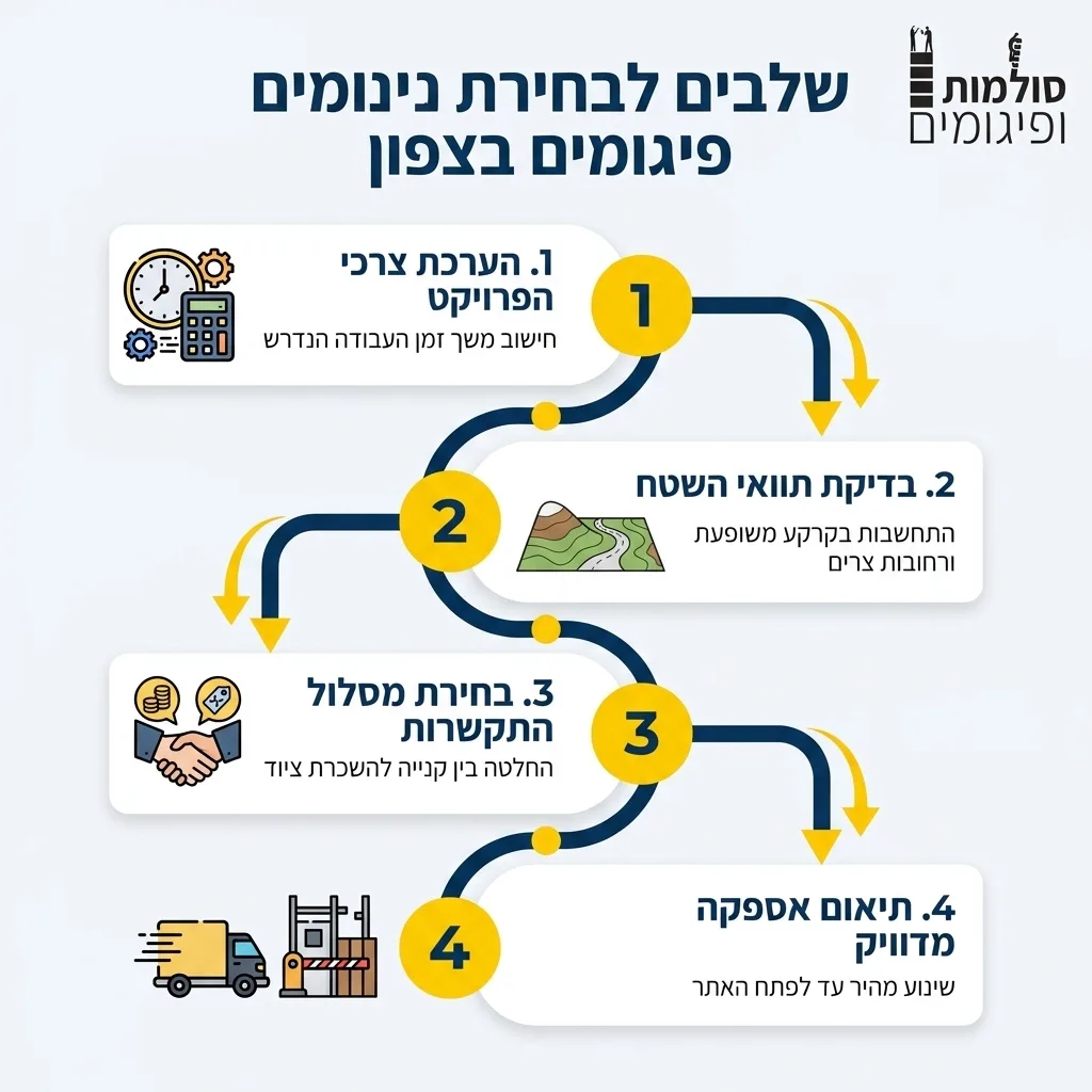 אינפוגרפיקה — שלבים לבחירת פיגומים בצפון: הערכת צרכי הפרויקט, בדיקת תוואי השטח, בחירת מסלול התקשרות, תיאום אספקה מדויק