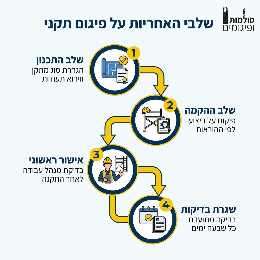אינפוגרפיקה — שלבי האחריות על פיגום תקני: שלב התכנון, שלב ההקמה, אישור ראשוני, שגרת בדיקות
