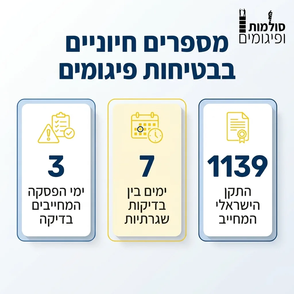 אינפוגרפיקה — מספרים חיוניים בבטיחות פיגומים: התקן הישראלי המחייב, ימים בין בדיקות שגרתיות, ימי הפסקה המחייבים בדיקה