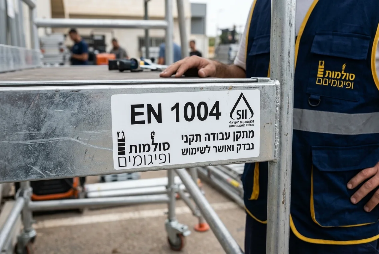 תקריב של מדבקת התקן האירופאי או הישראלי מוצמדת לשלדת מתקן עבודה