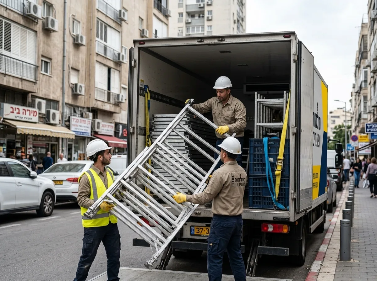 צילום מציאותי של פועלי בניין פורקים חלקי פיגום מאלומיניום ממשאית חונה ברחוב עירוני צפוף בגוש דן, אור יום טבעי, פוקוס חד על הפועלים.