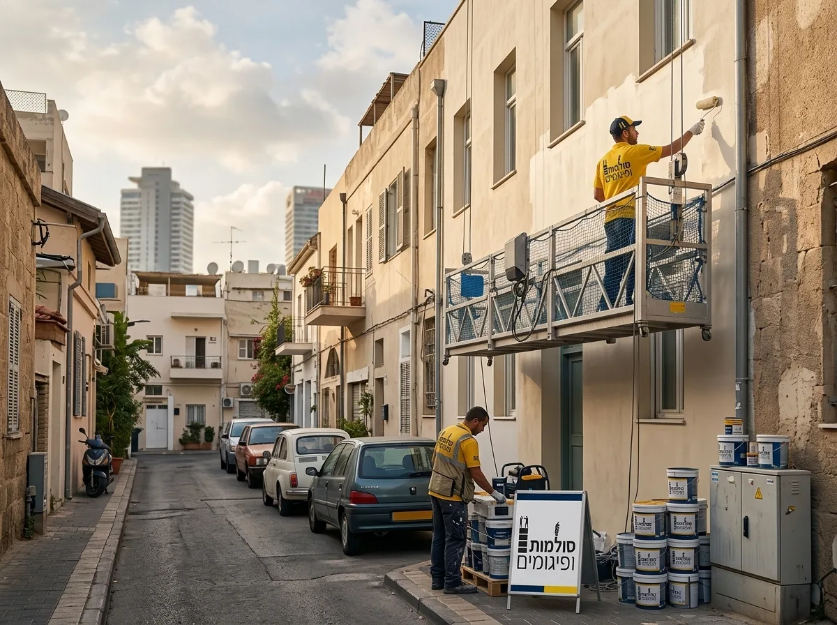 צילום מציאותי של רחוב צר בתל אביב עם מתקן תלוי המשמש לצביעת בניין, מכוניות חונות למטה, תאורת יום נעימה.