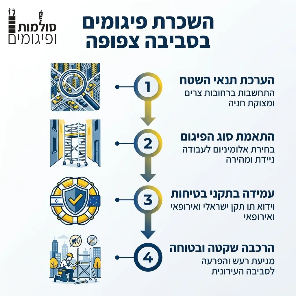 אינפוגרפיקה — השכרת פיגומים בסביבה צפופה: הערכת תנאי השטח, התאמת סוג הפיגום, עמידה בתקני בטיחות, הרכבה שקטה ובטוחה
