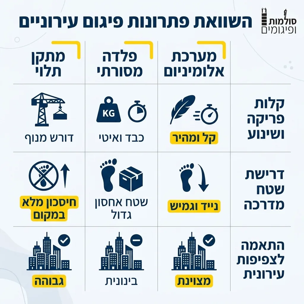 אינפוגרפיקה — השוואת פתרונות פיגום עירוניים: השוואה בין מערכת אלומיניום, פלדה מסורתי, מתקן תלוי