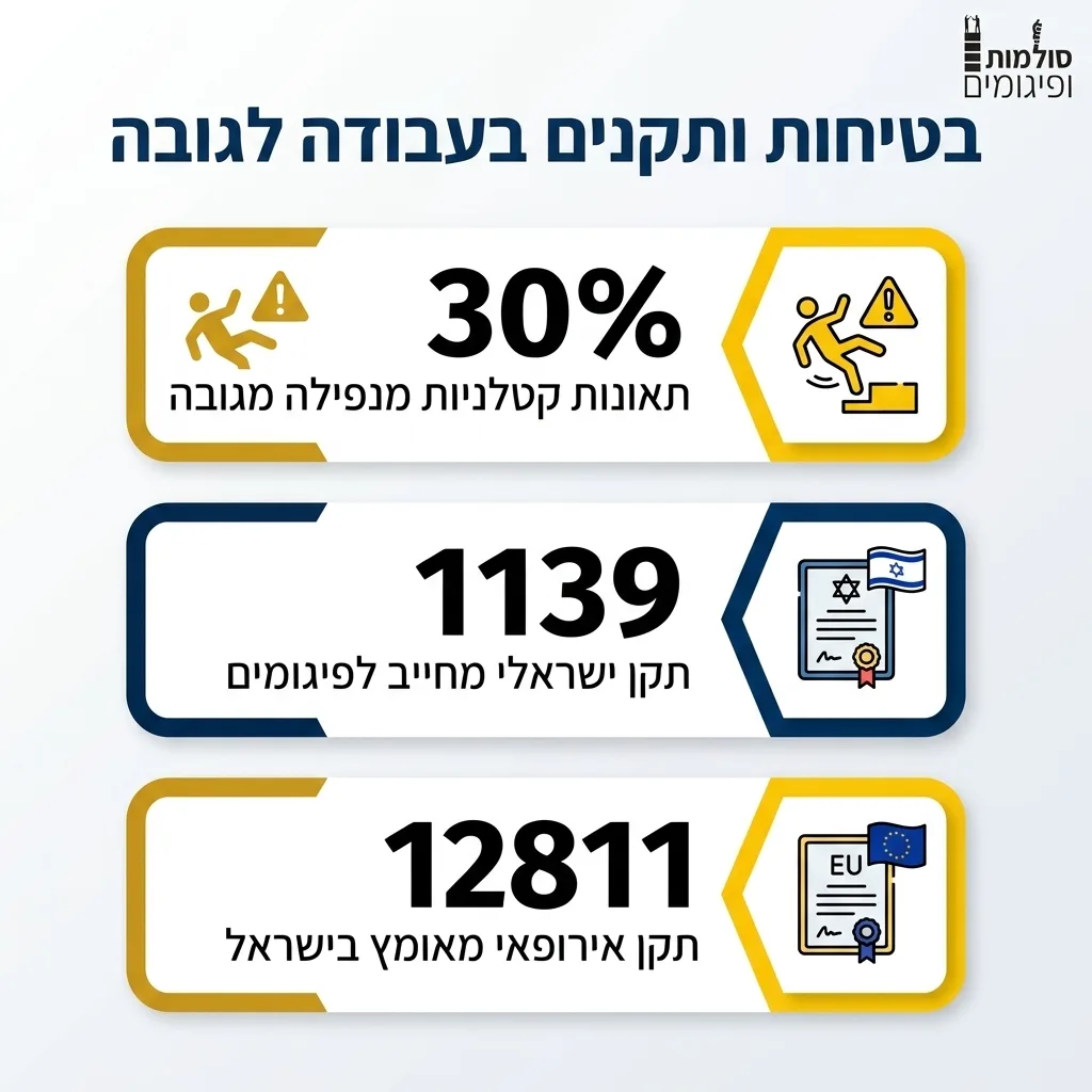 אינפוגרפיקה — בטיחות ותקנים בעבודה לגובה: תאונות קטלניות מנפילה מגובה, תקן ישראלי מחייב לפיגומים, תקן אירופאי מאומץ בישראל