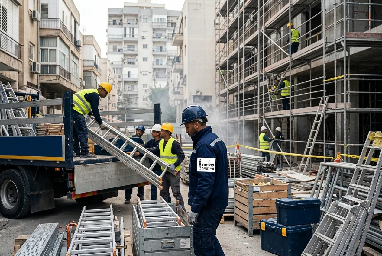 אתר בנייה של תמ"א 38 באזור עירוני צפוף עם פועלים הפורקים ציוד במהירות