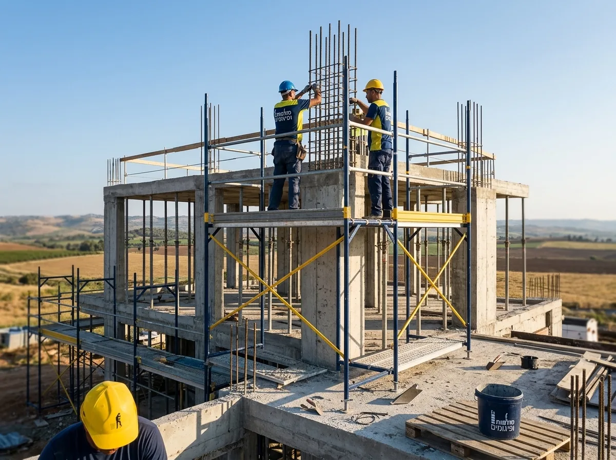 צילום ריאליסטי של וילה בשלבי בניית שלד באזור כפרי מואר בשרון, פועלים בחולצות עבודה וקסדות עובדים על יציקת עמודים בגובה תוך שימוש במערכת זקפים מתכתית, תאורת יום טבעית