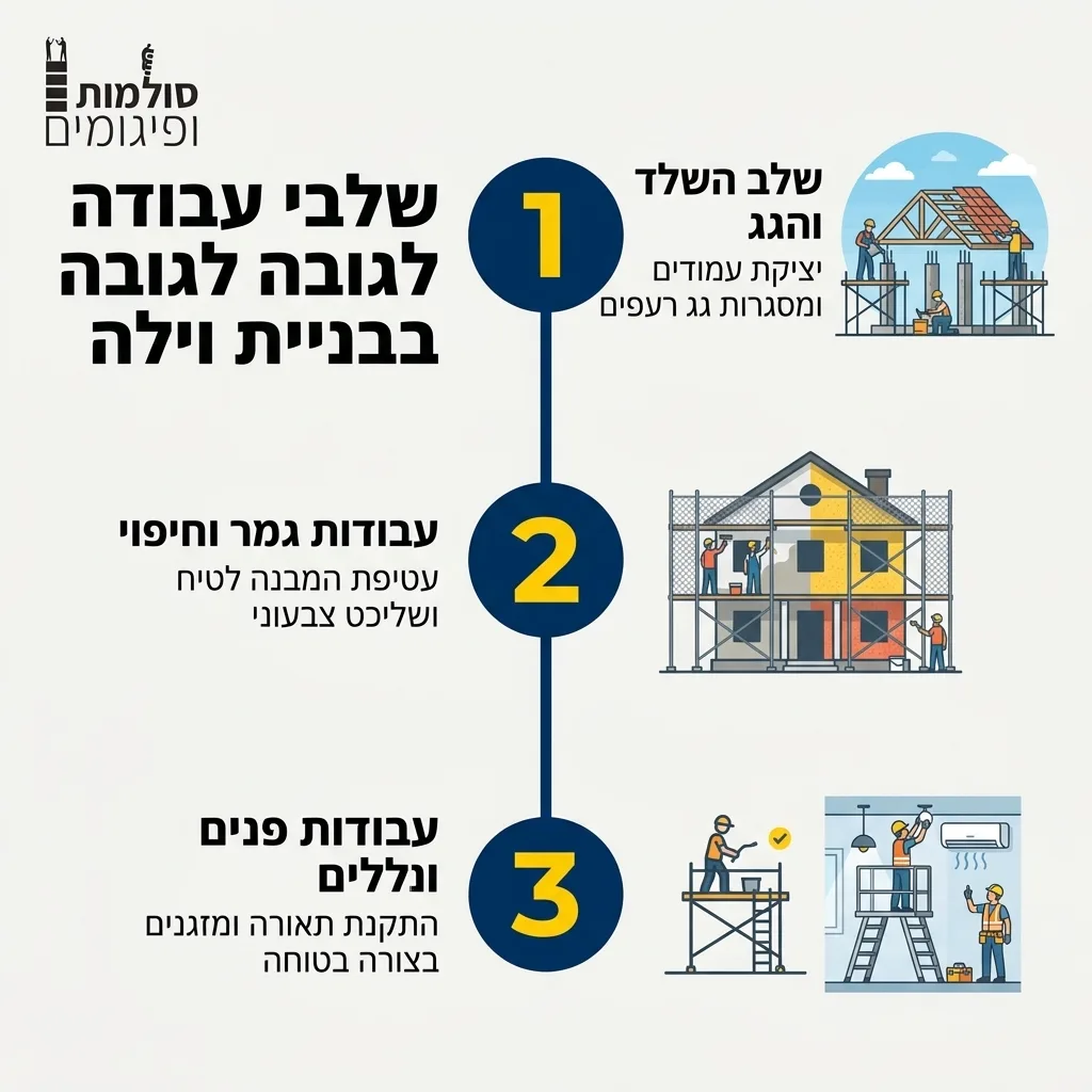 אינפוגרפיקה — שלבי עבודה לגובה בבניית וילה: שלב השלד והגג, עבודות גמר וחיפוי, עבודות פנים וחללים