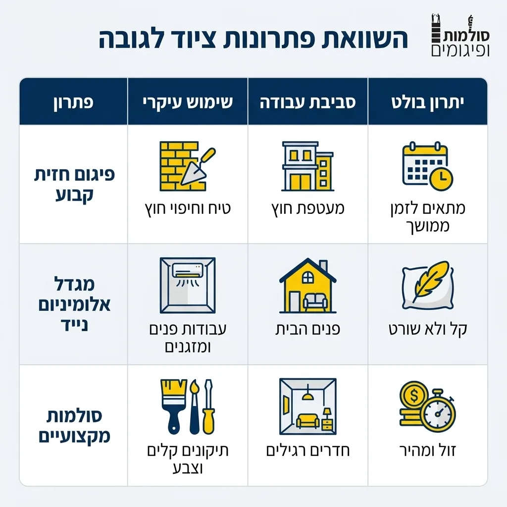 אינפוגרפיקה — השוואת פתרונות ציוד לגובה: השוואה בין פיגום חזית קבוע, מגדל אלומיניום נייד, סולמות מקצועיים
