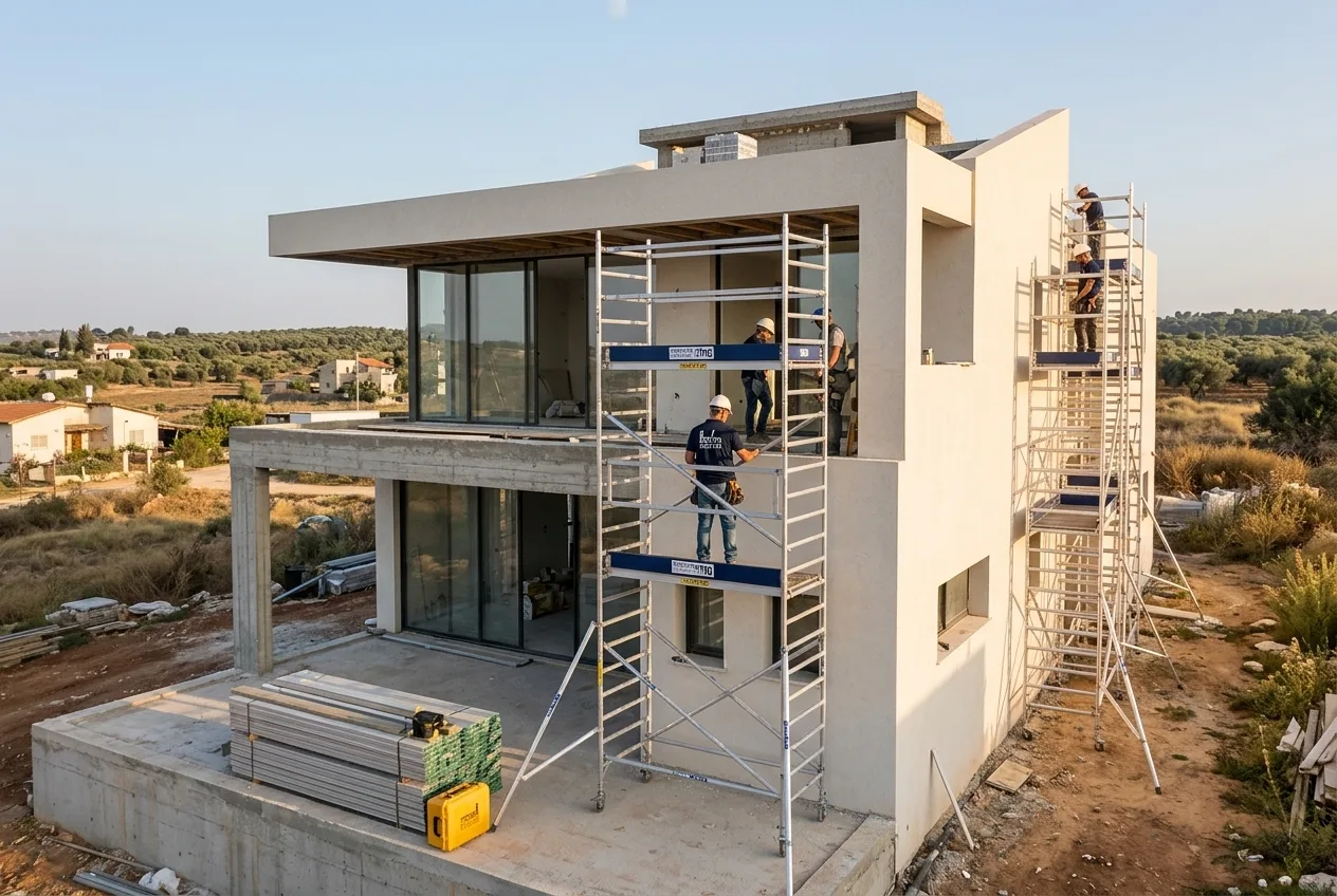 וילה מודרנית בתהליך בנייה באזור כפרי בשרון עם מתקני עבודה מאלומיניום בחזית
