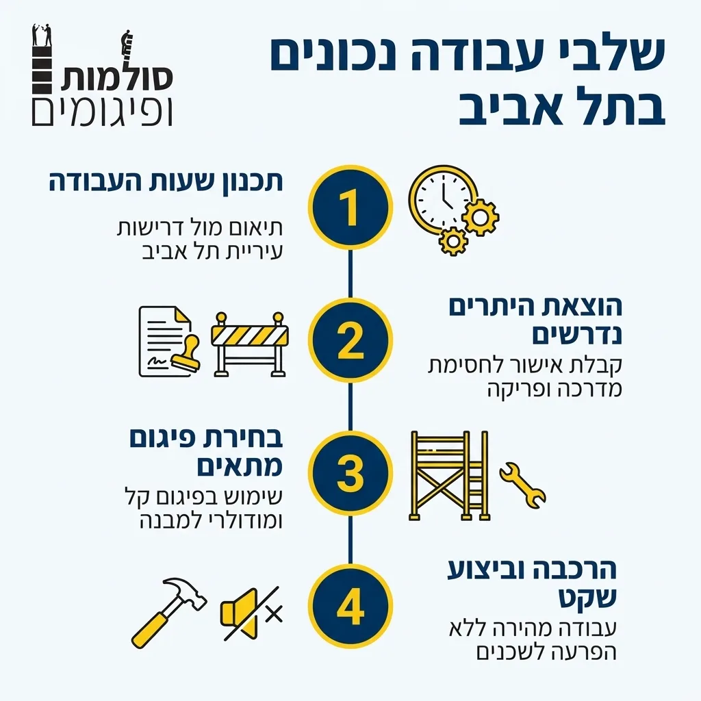 אינפוגרפיקה — שלבי עבודה נכונים בתל אביב: תכנון שעות העבודה, הוצאת היתרים נדרשים, בחירת פיגום מתאים, הרכבה וביצוע שקט