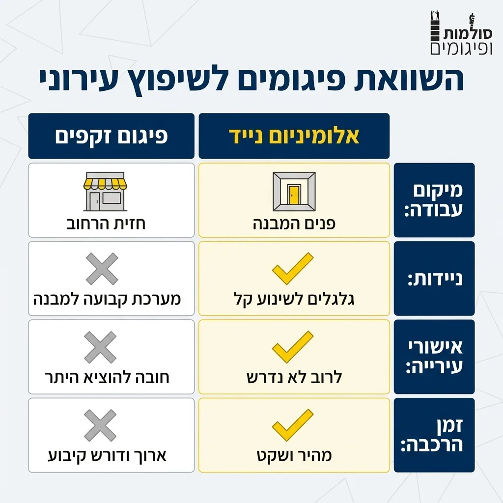 אינפוגרפיקה — השוואת פיגומים לשיפוץ עירוני: השוואה בין אלומיניום נייד, פיגום זקפים