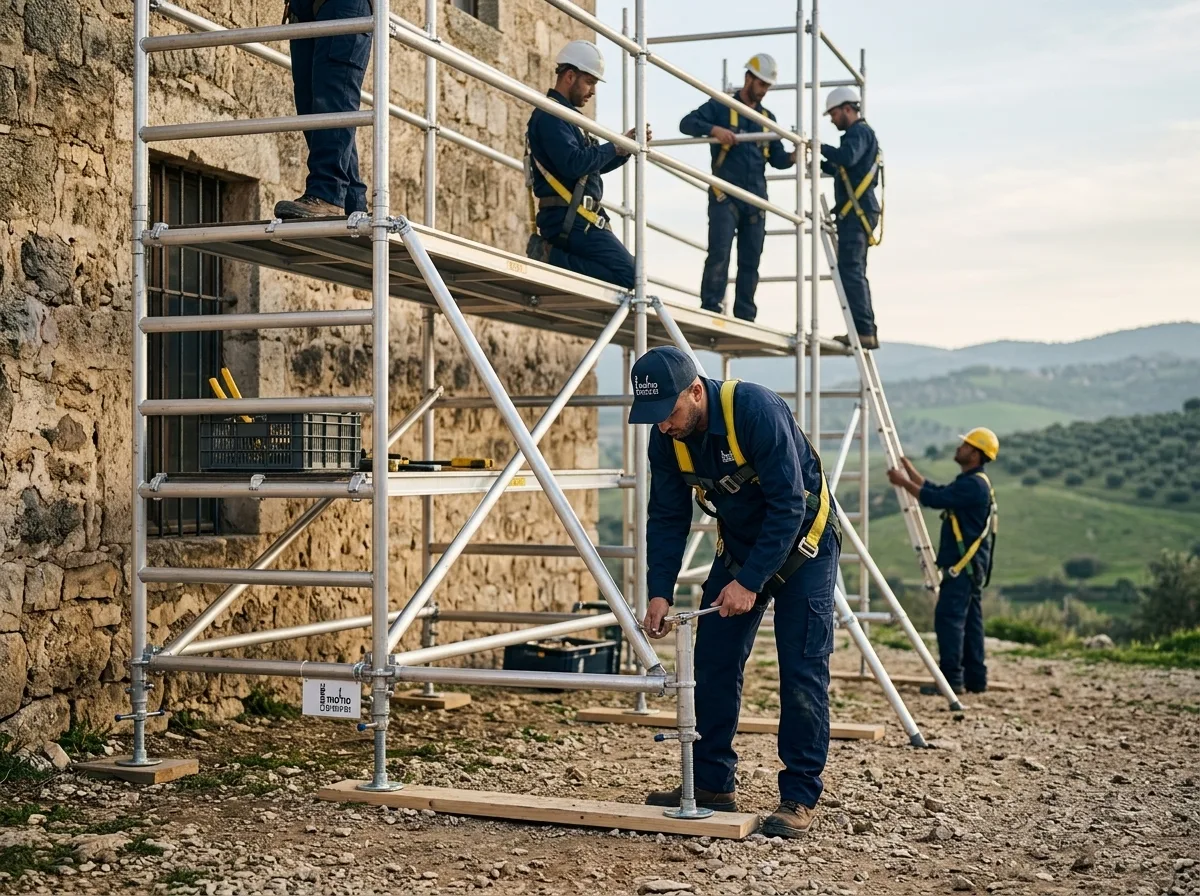 צילום איכותי של פועלי בניין עם קסדות מקימים פיגום אלומיניום ליד מבנה אבן בצפון, מתאמים את הרגליות כדי להגיע לאיזון על קרקע טבעית
