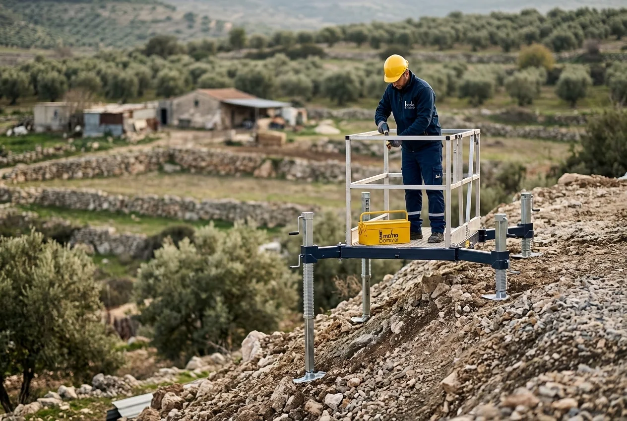 מתקן עבודה מיוצב עם רגליות מתכווננות (מייצבים) על קרקע לא ישרה באזור כפרי