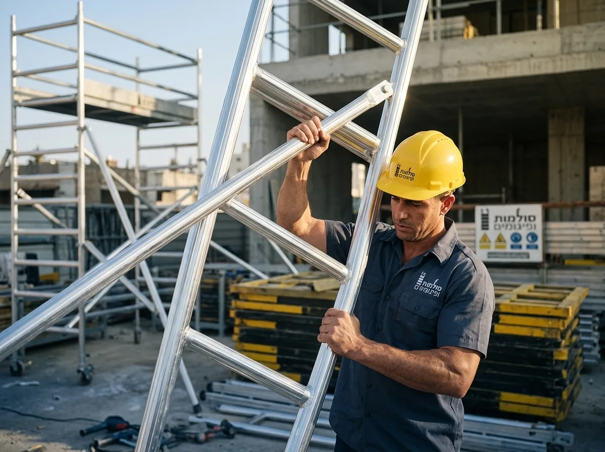 צילום ריאליסטי של פועל בניין בחולצת עבודה וקסדה צהובה, מרים בקלות חלק של פיגום אלומיניום מבריק באזור בנייה, תאורת יום טבעית, פוקוס חד על הפיגום