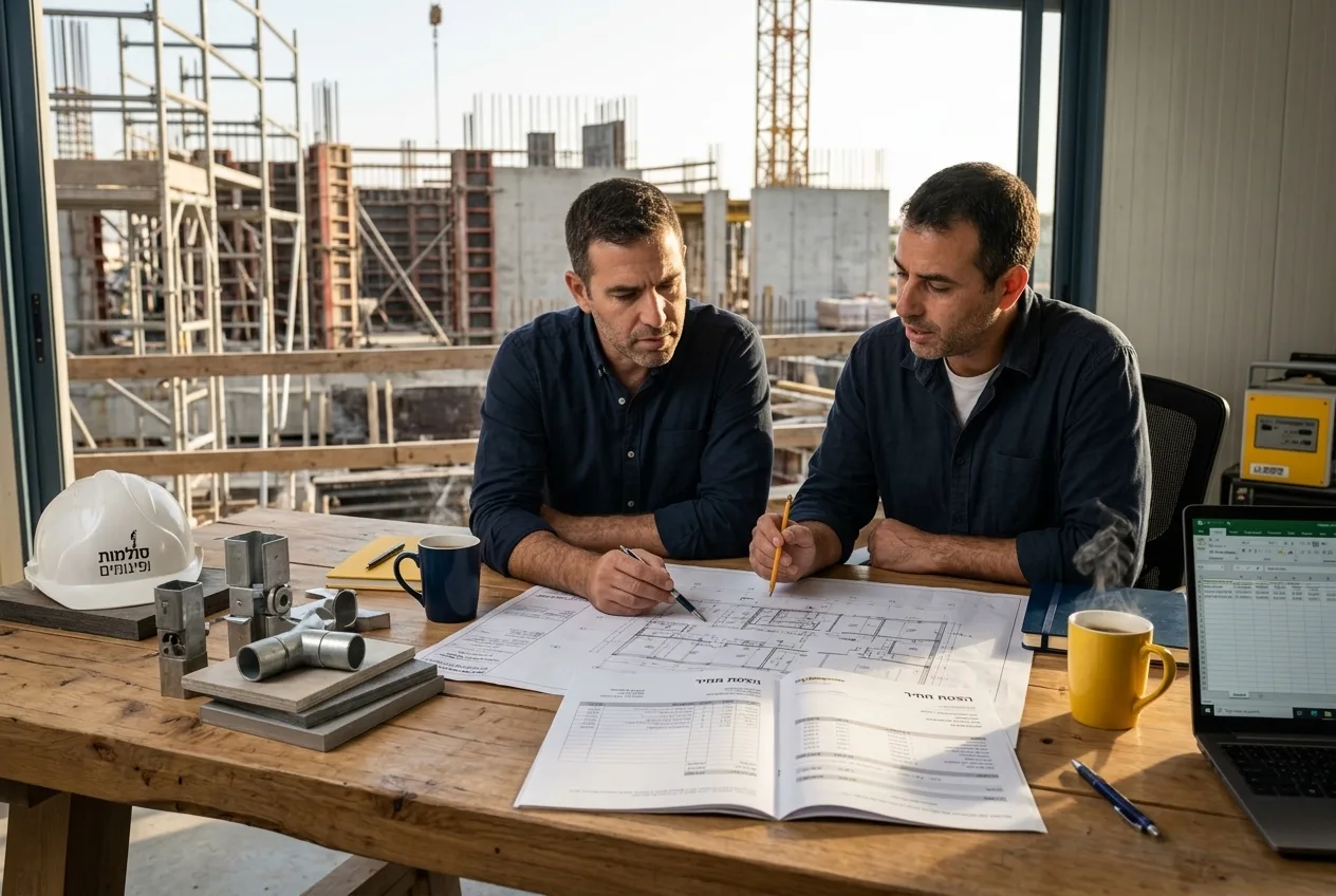 מנהל רכש וקבלן יושבים מול הצעת מחיר ושרטוטים על שולחן משרדי באזור הבנייה