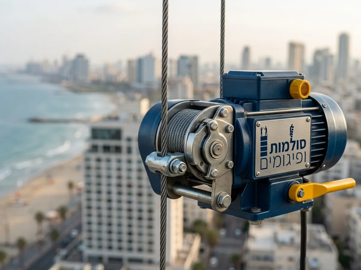 צילום קרוב וממוקד של מנוע הרמה חשמלי וכבלי פלדה של פיגום תלוי, פוקוס חד על מנגנון האבטחה, ברקע העיר תל אביב מטושטשת