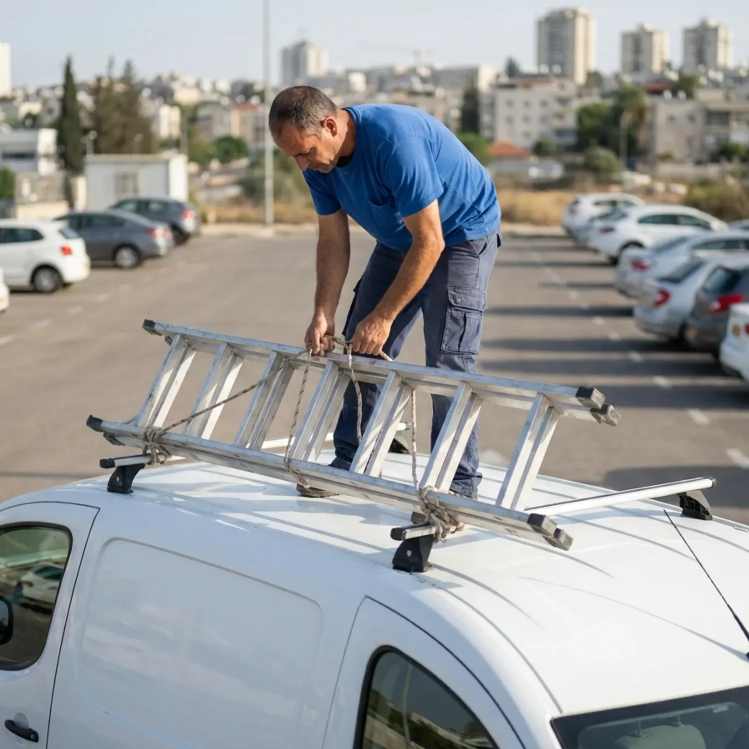 צילום מציאותי של טכנאי תקשורת ישראלי קושר סולם אלומיניום מקופל בן שלושה חלקים לגגון של רכב מסחרי לבן בחניון פתוח באור יום, לבוש חולצת עבודה חלקה ללא לוגו, זווית צילום מגובה העיניים